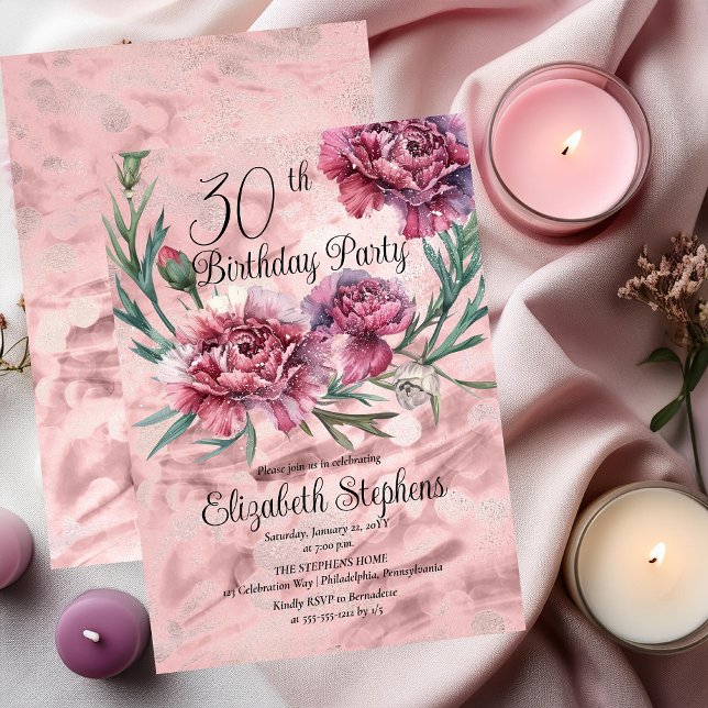 Convites Partido aniversário de 30 anos dos Cravos Elegante (Elegant Pink and Mauve Carnations 30th Birthday Party Invitation)