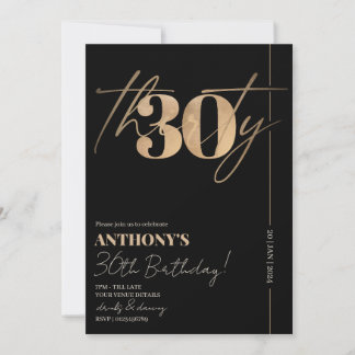 Convites Partido aniversário de 30 anos Dourado e preto de