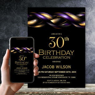 Convites Partido aniversário de 30 anos Dourado Roxo Negro