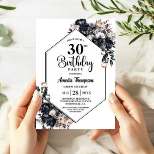 Convites Partido aniversário de 30 anos Floral Negro Modern