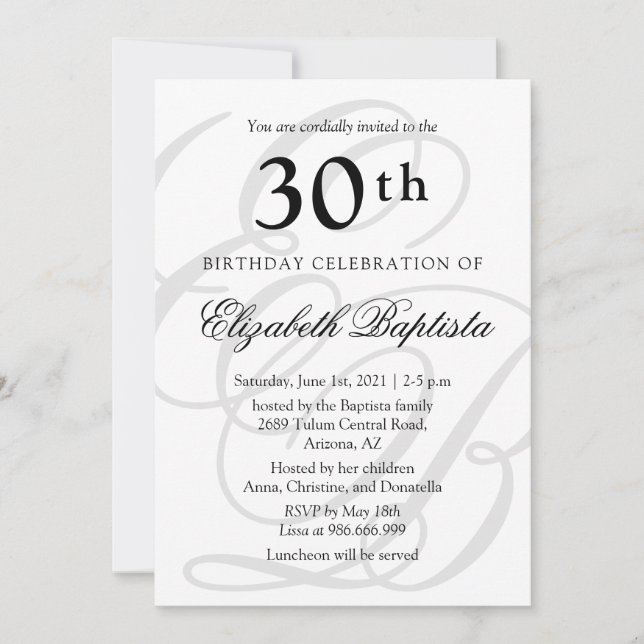 Convites Partido aniversário de 30 anos Monograma Minimalis (Frente)