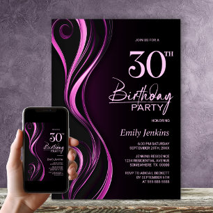 Convites Partido aniversário de 30 anos Rosa Preto Moderno