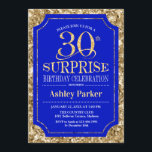 Convites Partido aniversário de 30 anos Surpresa - Dourado<br><div class="desc">Convite de celebração de aniversário de 30 anos surpresa. Design elegante em azul real e padrão de ouro brilhante. Apresenta uma fonte elegante de script. Envie-me uma mensagem se precisar de mais personalização.</div>