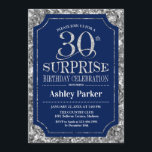 Convites Partido aniversário de 30 anos Surpresa - Marinho<br><div class="desc">Convite de celebração de aniversário de 30 anos surpresa. Design elegante em azul marinho e padrão de prata brilhante. Apresenta uma fonte elegante de script. Envie-me uma mensagem se precisar de mais personalização.</div>