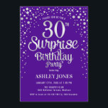 Convites Partido aniversário de 30 anos Surpresa - Prata e<br><div class="desc">Convite de festas de aniversário de 30 anos surpresa. Design elegante em roxo real e prata brilhante falso. Possui fonte de script na moda e confetti. Envie-me uma mensagem se precisar de idade personalizada.</div>