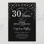 Convites Partido aniversário de 30 anos Surpresa - Prata Ne<br><div class="desc">Convite de festas de aniversário de 30 anos surpresa. Design elegante em prata brilhante e preto. Apresenta a fonte do script e os diamantes confetti. Saúde para 30 anos! Envie-me uma mensagem se precisar de mais personalização.</div>