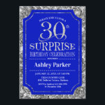 Convites Partido aniversário de 30 anos Surpresa - Silver R<br><div class="desc">Convite de celebração de aniversário de 30 anos surpresa. Design elegante em azul real e padrão de prata brilhante. Apresenta uma fonte elegante de script. Envie-me uma mensagem se precisar de mais personalização.</div>
