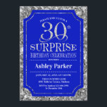 Convites Partido aniversário de 30 anos Surpresa - Silver R<br><div class="desc">Convite de celebração de aniversário de 30 anos surpresa. Design elegante em azul real e padrão de prata brilhante. Apresenta uma fonte elegante de script. Envie-me uma mensagem se precisar de mais personalização.</div>