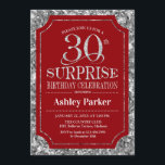 Convites Partido aniversário de 30 anos Surpresa - Vermelho<br><div class="desc">Convite de celebração de aniversário de 30 anos surpresa. Design elegante em vermelho escuro e padrão de prata brilhante. Apresenta uma fonte elegante de script. Envie-me uma mensagem se precisar de mais personalização.</div>