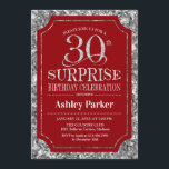 Convites Partido aniversário de 30 anos Surpresa - Vermelho<br><div class="desc">Convite de celebração de aniversário de 30 anos surpresa. Design elegante em vermelho escuro e padrão de prata brilhante. Apresenta uma fonte elegante de script. Envie-me uma mensagem se precisar de mais personalização.</div>