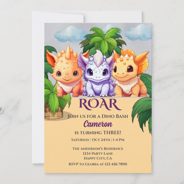 Convites Partido aniversário de 3 anos Dinossauro Dino Bash (Frente)