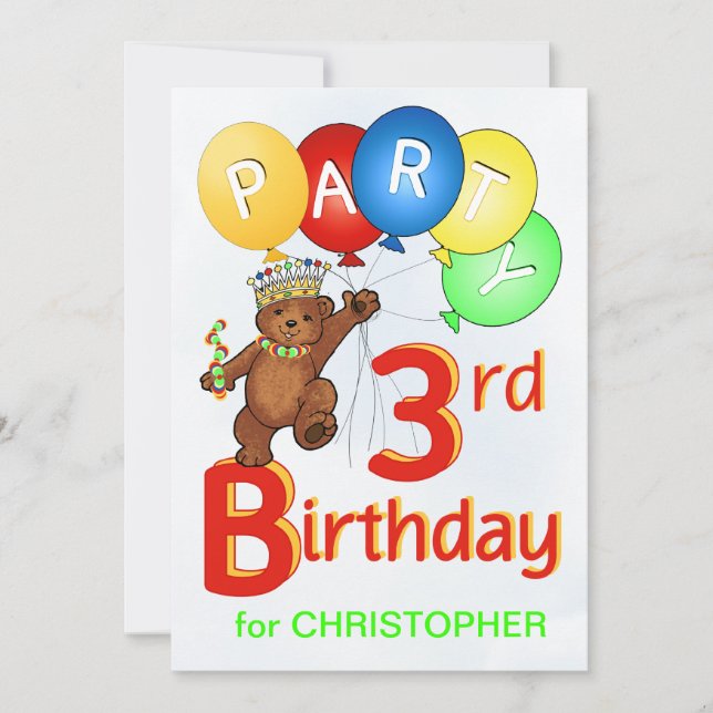 Convites Partido aniversário de 3 anos do Royal Teddy Bear (Frente)
