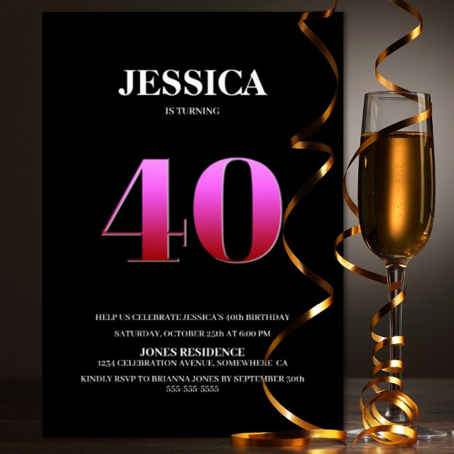 Convites Partido aniversário de 40 anos a preto e rosa mini (Criador carregado)