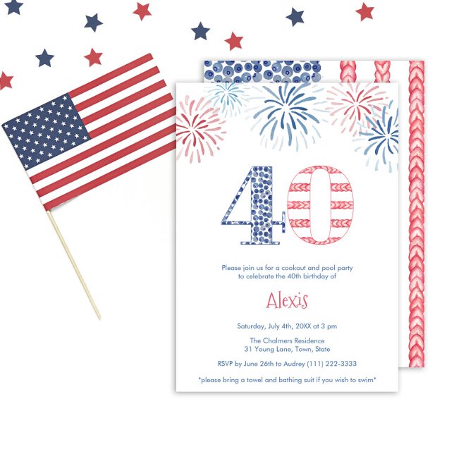 Convites Partido aniversário de 40 anos Azul Vermelho Azul  (A fun red white and blue 40th birthday party invitation with the number 40 in the stars and stripes)