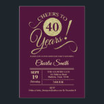 Convites Partido aniversário de 40 anos - Burgundy Dourado<br><div class="desc">aniversário de 40 anos Convite de festas em marrom escuro e burlando com padrão de ouro brilhante. Apresenta a fonte do script de tipografia de tendência. Simples design moderno, perfeito para uma festa elegante. Saúde para 40 anos! Pode ser personalizado em qualquer idade! Envie-me uma mensagem se precisar de mais...</div>