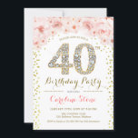 Convites Partido aniversário de 40 anos - Cor-de-rosa Doura<br><div class="desc">Convite de festas aniversário de 40 anos. Design elegante em ouro brilhante,  cor-de-rosa e branco. Na moda floral com diamantes e rosas. Perfeito para uma festa de glam das mulheres. Impressos convites Zazzle ou download instantâneo de modelo digital.</div>