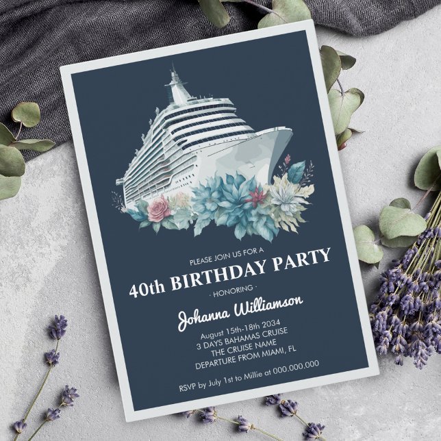 Convites Partido aniversário de 40 anos das Mulheres de Cru (Elegant Cruise Ship Trip Women 40th Birthday Party Invitation
)