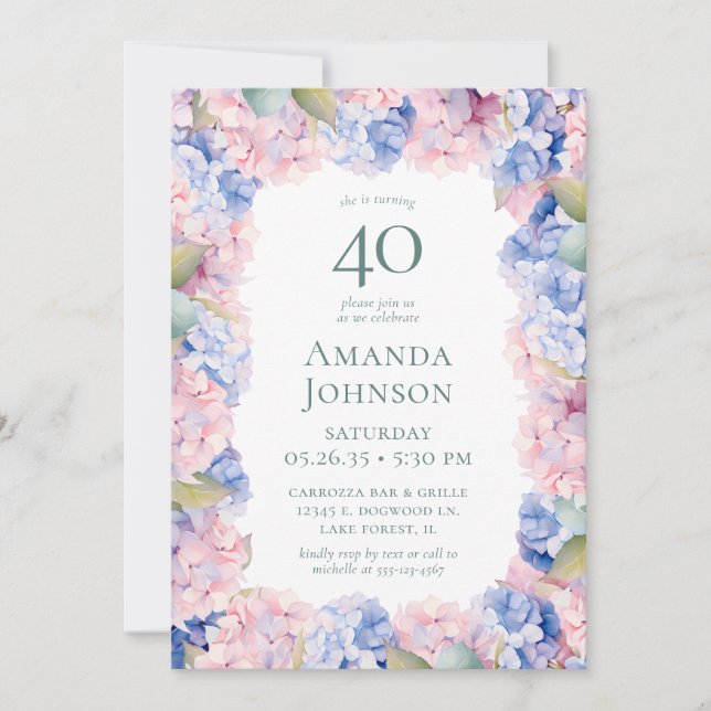 Convites Partido aniversário de 40 anos de Hydrangeas (Frente)