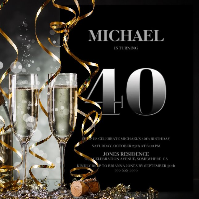 Convites Partido aniversário de 40 anos de Negra e Prata Mi (Criador carregado)