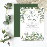 Convites Partido aniversário de 40 anos do Eucalyptus em Fl<br><div class="desc">Bela floresta neutra do gênero e design de "Partido aniversário de 40 anos" de eucalipto com sementes verdes. Tons limpos e enganadoramente simples no design de tom em um fundo branco nítido. A parte de trás apresenta uma simples cor verde-sólida da floresta.</div>