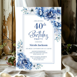 Convites Partido aniversário de 40 anos Floral Azul Moderno
