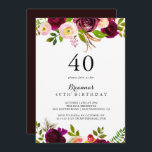 Convites Partido aniversário de 40 anos Floral Russo Blush<br><div class="desc">Este convite de festas floral ruivo e brilhante é perfeito para uma festa de aniversário moderna. O design apresenta flores cor-de-água,  cor-de-rosa,  esbranquiçada,  vermelha,  burgundy e bordo,  com folhagem verde.</div>