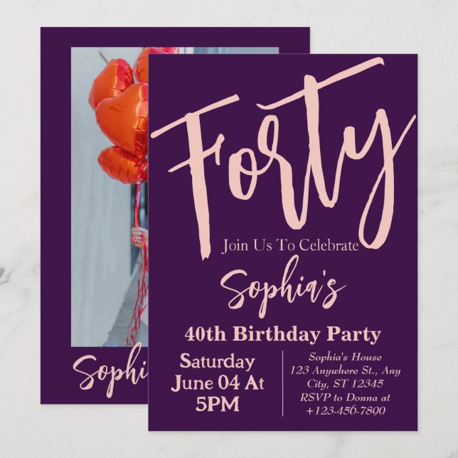 Convites Partido aniversário de 40 anos Moderno Rosa de Qua (Frente/Verso)