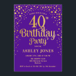 Convites Partido aniversário de 40 anos - Roxo e Dourado<br><div class="desc">Convite de festas aniversário de 40 anos. Design elegante em roxo real e ouro brilhante. Possui fonte de script na moda e confetti. Envie-me uma mensagem se precisar de idade personalizada.</div>