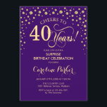 Convites Partido aniversário de 40 anos Surpresa - Dourado<br><div class="desc">Convite de festas de aniversário de 40 anos surpresa. Design elegante em roxo real e ouro brilhante falso. Apresenta a fonte do script e os diamantes confetti. Saúde para 40 anos! Envie-me uma mensagem se precisar de mais personalização.</div>