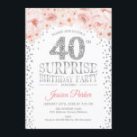 Convites Partido aniversário de 40 anos Surpresa - Prata Br<br><div class="desc">Convite de festas de aniversário de 40 anos surpresa. Design elegante em prata brilhante,  branca e rosa. Apresenta confetti,  fonte de script e flores cor-de-água pinceladas. Envie-me uma mensagem se precisar de mais personalização.</div>
