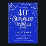 Convites Partido aniversário de 40 anos Surpresa - Prata e<br><div class="desc">Convite de festas de aniversário de 40 anos surpresa. Design elegante em azul real e prata brilhante falso. Possui fonte de script na moda e confetti. Envie-me uma mensagem se precisar de idade personalizada.</div>