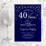 Convites Partido aniversário de 40 anos Surpresa - Prata Ma<br><div class="desc">Convite de festas de aniversário de 40 anos surpresa. Design elegante em azul marinho e prata brilhante fraca. Apresenta a fonte do script e os diamantes confetti. Saúde para 40 anos! Envie-me uma mensagem se precisar de mais personalização.</div>