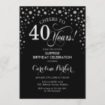 Convites Partido aniversário de 40 anos Surpresa - Prata Ne<br><div class="desc">Convite de festas de aniversário de 40 anos surpresa. Design elegante em prata brilhante e preto. Apresenta a fonte do script e os diamantes confetti. Saúde para 40 anos! Envie-me uma mensagem se precisar de mais personalização.</div>