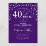 Convites Partido aniversário de 40 anos Surpresa - Prata Ro<br><div class="desc">Convite de festas de aniversário de 40 anos surpresa. Design elegante em prata brilhante roxa e falso. Apresenta a fonte do script e os diamantes confetti. Saúde para 40 anos! Envie-me uma mensagem se precisar de mais personalização.</div>