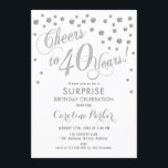 Convites Partido aniversário de 40 anos Surpresa - Prateado<br><div class="desc">Convite de festas Elegante de aniversário de 40 anos surpreendido com cintilação fina de prata e branco. Possui fonte de script e confetti. Saúde para 40 anos! Me mande mensagem se precisar de uma idade personalizada.</div>