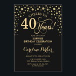 Convites Partido aniversário de 40 anos Surpresa - Preto Do<br><div class="desc">Convite de festas de aniversário de 40 anos surpresa. Design elegante em ouro preto e brilhante. Apresenta a fonte do script e os diamantes confetti. Saúde para 40 anos! Envie-me uma mensagem se precisar de mais personalização.</div>