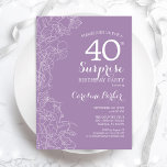 Convites Partido aniversário de 40 anos Surpresa - Purple F<br><div class="desc">Convite de festas de aniversário de 40 anos de Surpresa Floral Púrpura. Design minimalista moderno com sotaques botânicos e letra de escrita tipográfica. Simples carta de convite feminina perfeita para uma festa surpresa na moda. Pode ser personalizado para qualquer idade.</div>