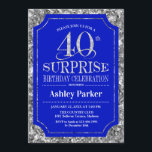 Convites Partido aniversário de 40 anos Surpresa - Silver R<br><div class="desc">Convite de celebração de aniversário de 40 anos surpresa. Design elegante em azul real e padrão de prata brilhante. Apresenta uma fonte elegante de script. Envie-me uma mensagem se precisar de mais personalização.</div>