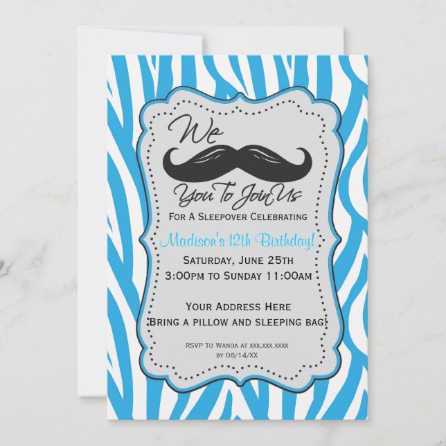 Convites Partido azul do Sleepover do bigode da zebra! (Frente)