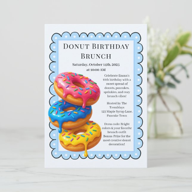 Convites Partido Birthday Brunch | Panquecas e Rosquinhas (Em pé/Frente)