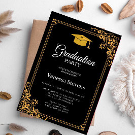 Convites Partido Boné de formatura Clássico Preto E Dourado