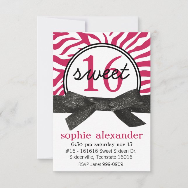 Convites Partido bonito do doce 16 do teste padrão da zebra (Frente)