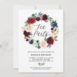 Convites Partido Burgundy e Blue Floral Wreath Tea