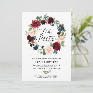 Convites Partido Burgundy e Blue Floral Wreath Tea