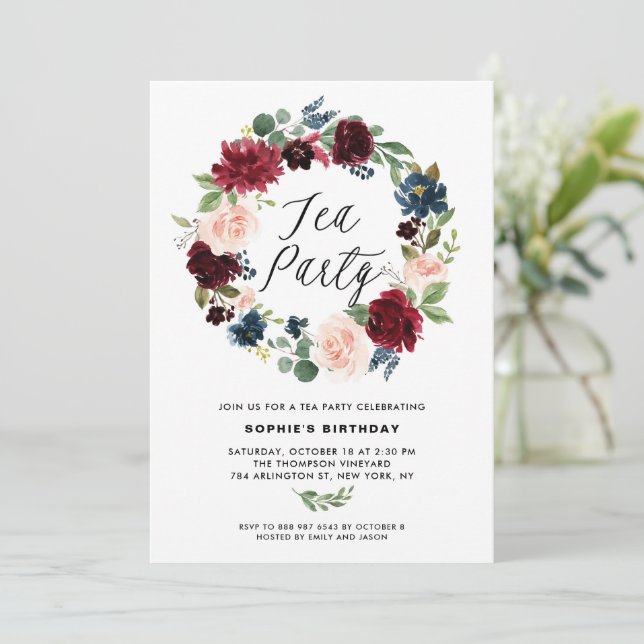 Convites Partido Burgundy e Blue Floral Wreath Tea (Em pé/Frente)