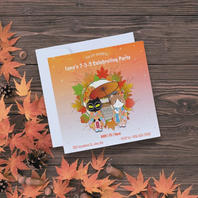 Convites Partido Celebrante 7-5-3 de Poiluna (Poiluna's 7-5-3 Celebrating Party Invitation on a fall table.)