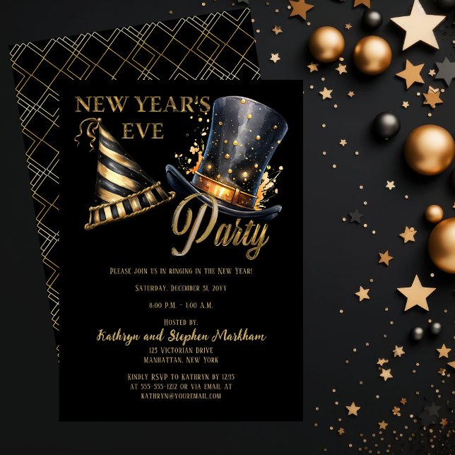 Convites Partido Chapéu Negro e Dourado Festa de Véspera de (Party Hats in Black and Gold Art Deco New Year's Eve Party Invitation)