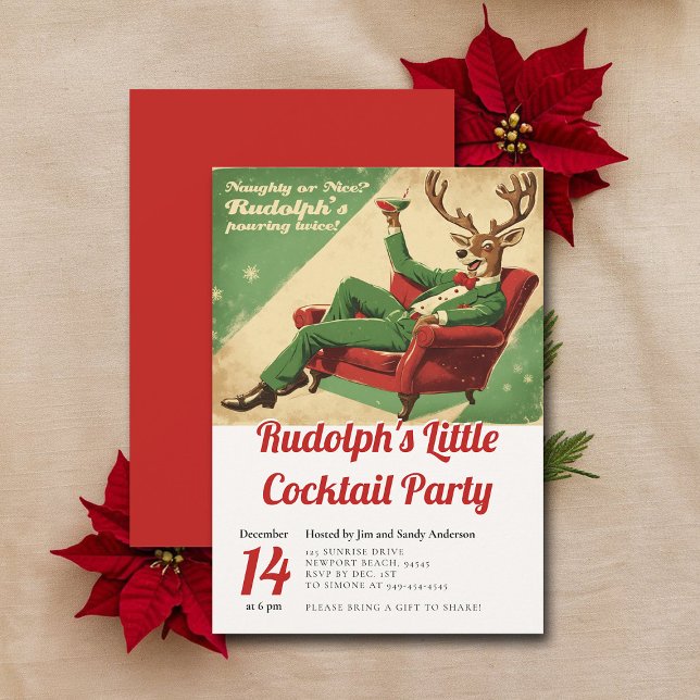 Convites Partido Coctail Vintage Funny Retro Natal (vintage christmas party cocktails invitation retro funny watercolor rudolph reindeer brunch)