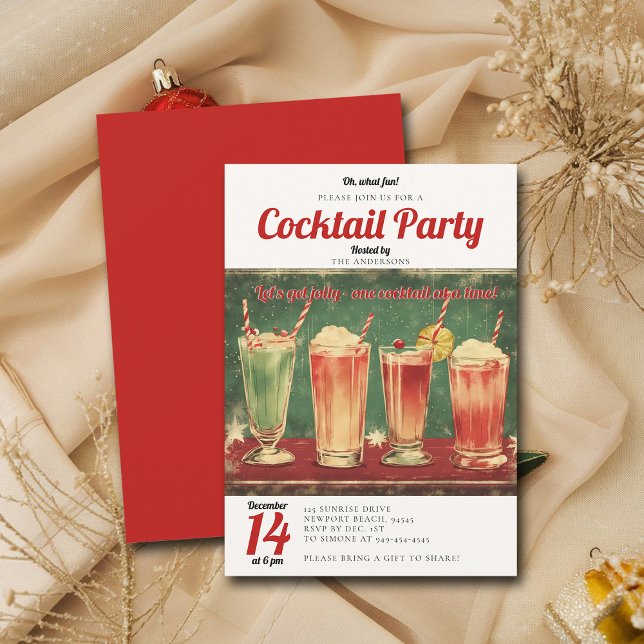 Convites Partido Coctail Vintage Red Retro Christmas Party (vintage christmas party cocktails invitation retro fun funny watercolor brunch family office)