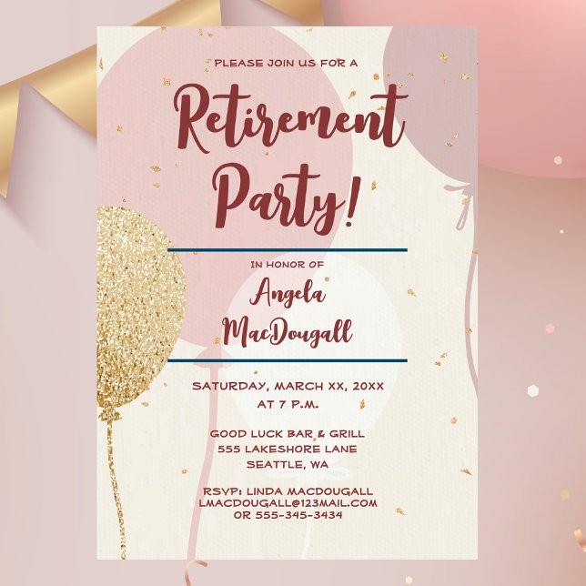 Convites Partido da aposentadoria rosa e Dourado (Retirement Party, Pink & Gold Balloons Invitation)
